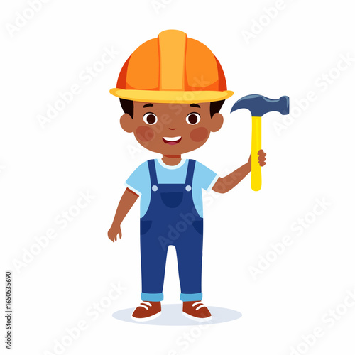 Flat minimalist vector icon of a kid pretending to be a builder, symbolizing creativity and childhood imagination.