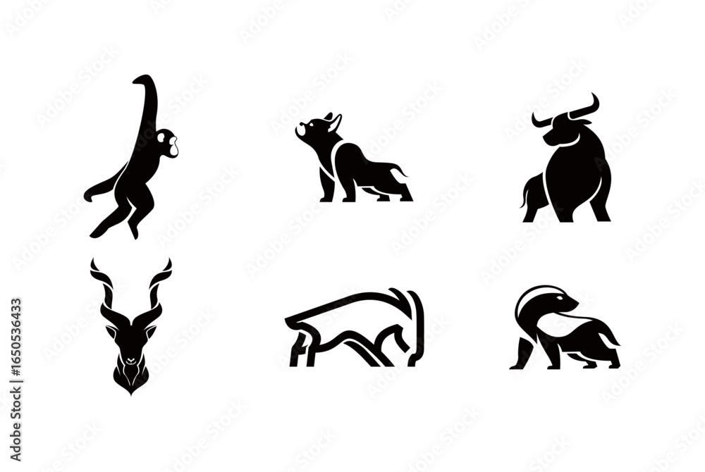 Obraz premium Animal Silhouettes: Gibbon, Bulldog, Bull, Kudu, and Badger Designs