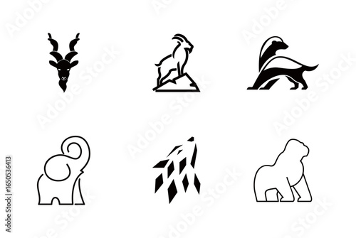 Animal Illustrations: Ibex, Goat, Skunk, Elephant, Wolf, Gorilla Icons