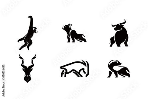 Animal Silhouettes: Gibbon, Bulldog, Bull, Kudu, and Badger Designs
