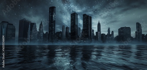 Mysterious city skyline at night with reflections.