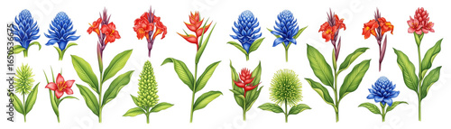 Vibrant botanical illustration featuring colorful flowers and lush green leaves.