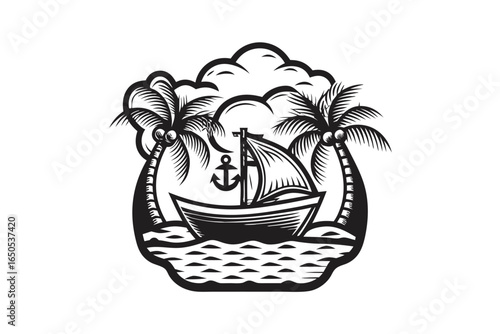 Nautical Boat, Palm Trees, Clouds, Island, and Anchor