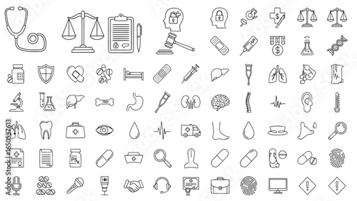 Medical Law and Ethics Line Icon Set with Healthcare Compliance, Patient Privacy, Legal Documents, Scales of Justice, and Insurance Policies Vector Outline Illustration

