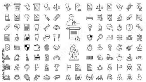 Medical Law and Ethics Line Icon Set with Healthcare Compliance, Patient Privacy, Legal Documents, Scales of Justice, and Insurance Policies Vector Outline Illustration

