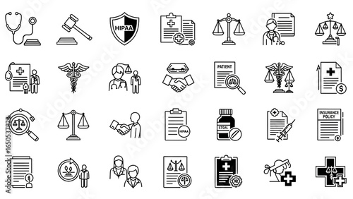 Medical Law and Ethics Line Icon Set with Healthcare Compliance, Patient Privacy, Legal Documents, Scales of Justice, and Insurance Policies Vector Outline Illustration
