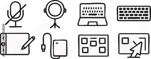 Digital Content Creation Equipment Icons Set.