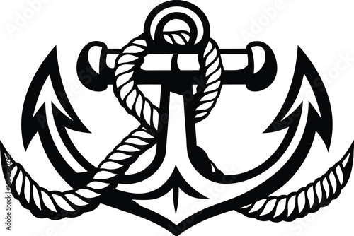 Nautical Anchor Silhouette with Rope Detail in Black, on White Background