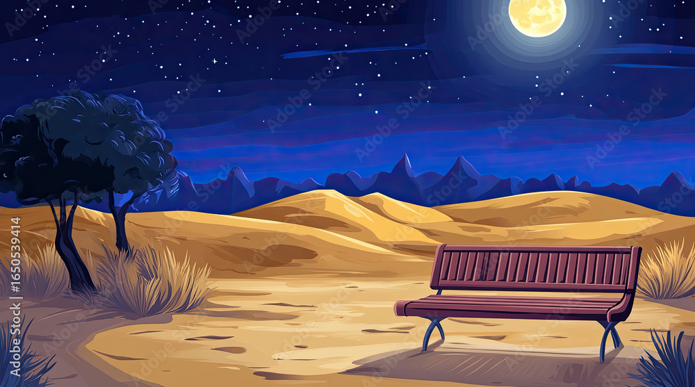 Fototapeta premium An illustration of a bench with a view of sand dunes and the moon at night