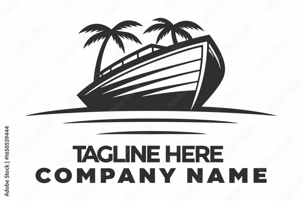 Naklejka premium Monochrome Boat with Two Palm Trees Seaside on White Background