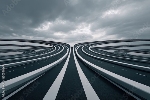 A futuristic highway system curves into a dramatic vista.  Grey skies and clouds dominate the background