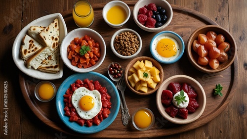 Wallpaper Mural Overhead view of a large colorful breakfast spread with various dishes and fruits Torontodigital.ca
