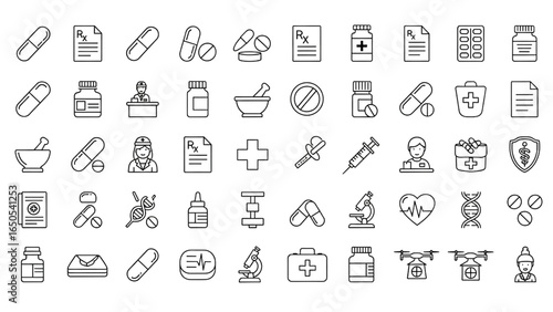 Pharmacy and Medicine Line Icon Set with Pills, Prescriptions, Bottles, Drug Safety, Pharmacist, Capsules, and Tablets in Thin Outline Style Vector Illustration
