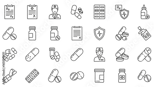 Pharmacy and Medicine Line Icon Set with Pills, Prescriptions, Bottles, Drug Safety, Pharmacist, Capsules, and Tablets in Thin Outline Style Vector Illustration
