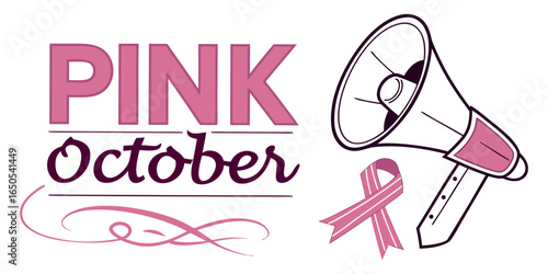 Pink October awareness campaign with megaphone and ribbon for breast cancer support and fundraising