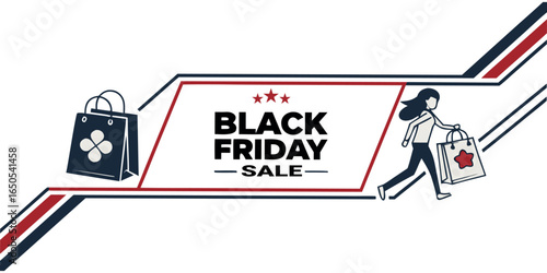 Black Friday Classic shopping spree design featuring a woman with shopping bags, perfect for retail advertising