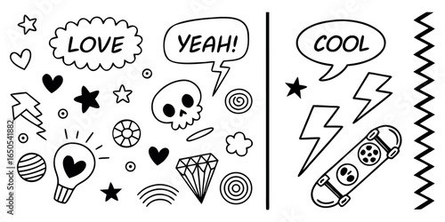 Doodle art elements: Love, Yeah, Cool, skull, skateboard, star, hearts, lightbulb, diamond, lightning, cloud icons