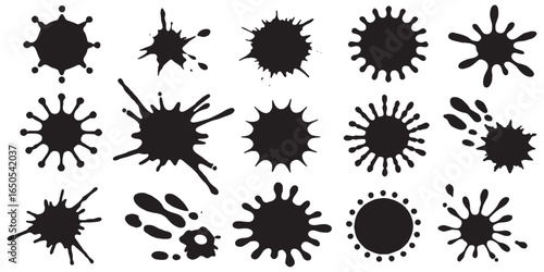 Dynamic set of black ink splatter elements for creative design projects, grunge artwork, and abstract themes