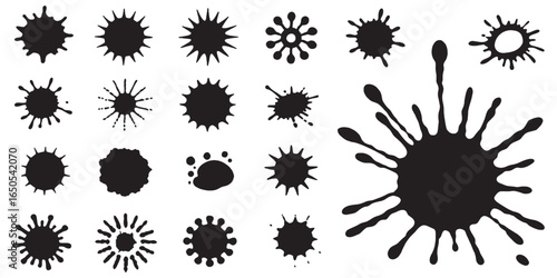 Dynamic black ink splatters and blots for creative design projects, adding a bold, artistic touch