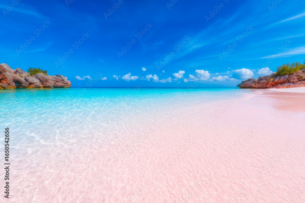 Fototapeta premium Pink sand beach with blue ocean and clouds tropical paradise landscape