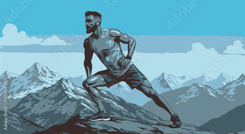 Dynamic male exercising on a rugged mountain peak, embodying strength and determination against a vast, majestic alpine landscape, perfect for themes of adventure, fitness, and overcoming challenges