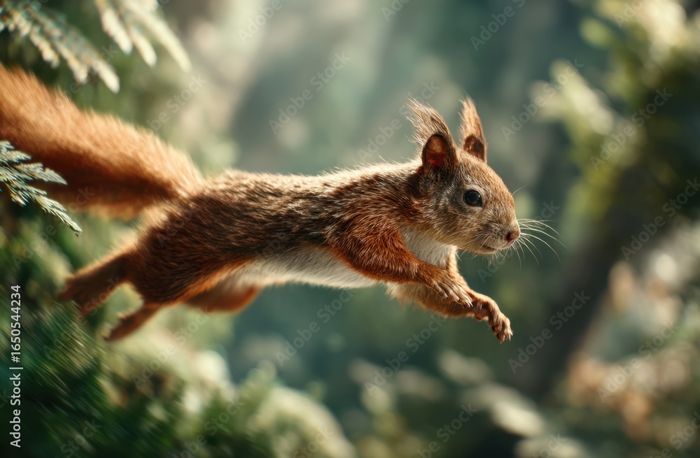 A squirrel leaping from a tree branch in a lush green forest with sunlight filtering through leaves A squirrel leaping from a tree branch in a lush green forest with sunlight filtering through leaves