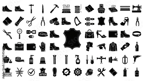 Leather and Shoe Repair Service Line Icon Set for Footwear Care, Bag Restoration, Customization, and Leathercraft Tools Vector Illustration
