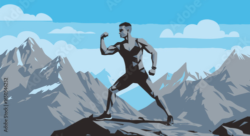 A victorious athlete stands atop a mountain summit, a conceptual illustration of reaching peak physical condition and personal achievement