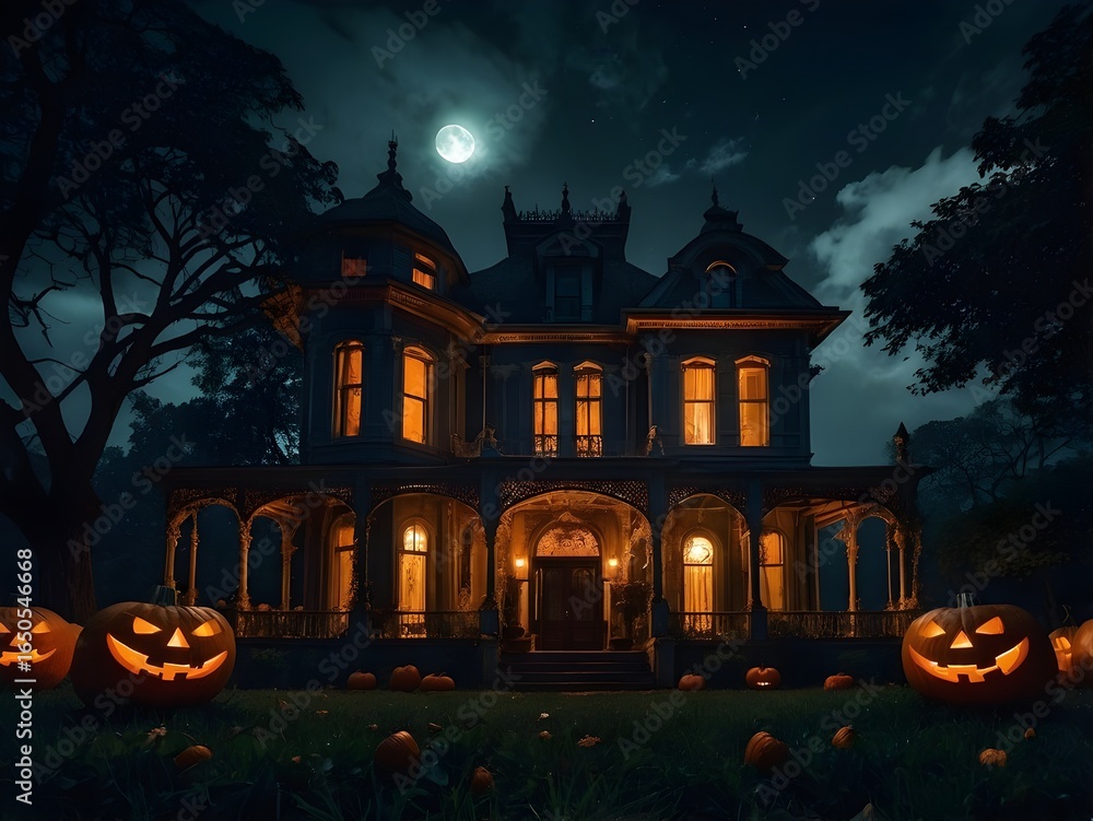 Fototapeta premium Cinematic Haunted Victorian Mansion at Midnight with Glowing Jack-o-Lanterns, Fog, and Full Moon Atmosphere