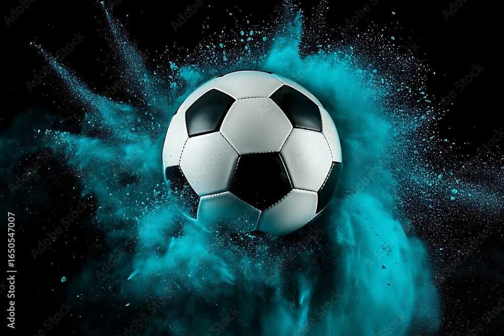 Fototapeta premium A soccer ball soaring through the air, its white and black colors contrasted against a dark background with a turquoise powder explosion behind it.