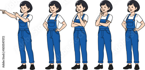 Cartoon woman in blue overalls, various standing poses, character design, flat vector illustration, isolated on white background, animation asset
