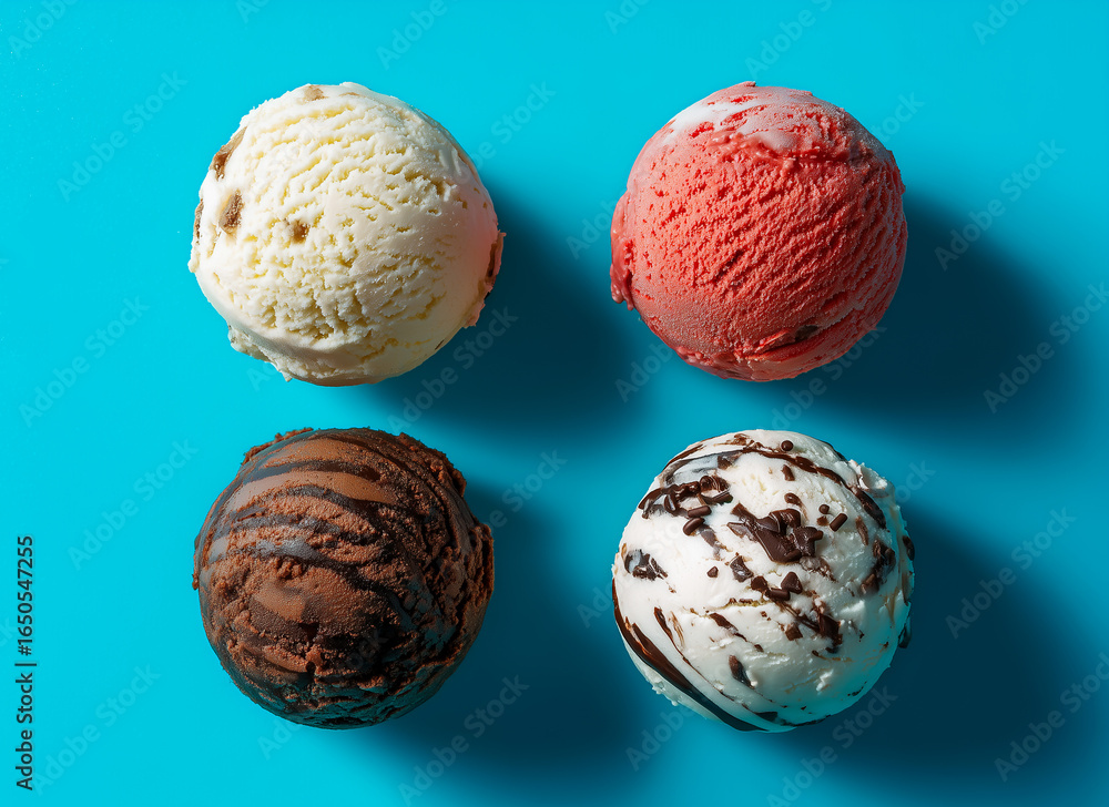 Fototapeta premium Ice cream balls on color background, top view