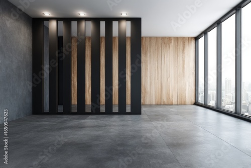 Empty modern room with concrete and wood walls, black partitions, and large windows
