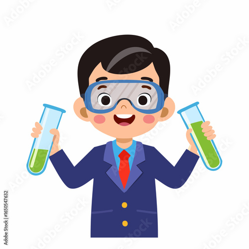 Flat style vector icon of a kid experimenting as scientist, representing childhood curiosity in science.