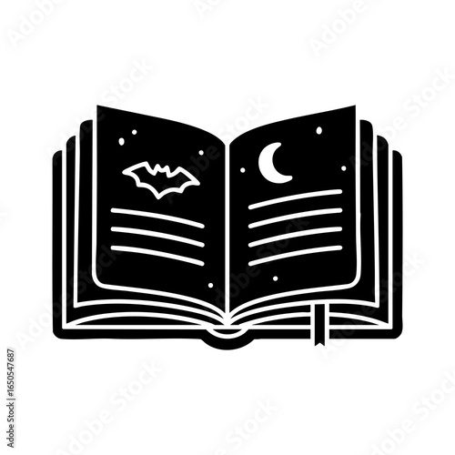icon of open spell book with visible page lines, halloween magic accessory