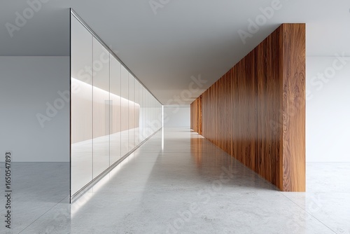 Modern office hallway with light-filled, sleek design