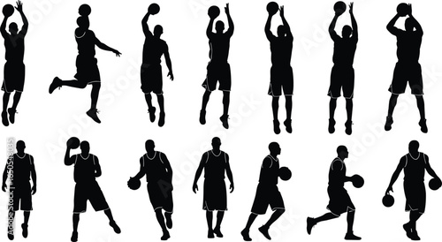 Basketball Player Silhouettes in Action, Jumping, Shooting, Dribbling, Sport Pose Collection, Athlete Movement