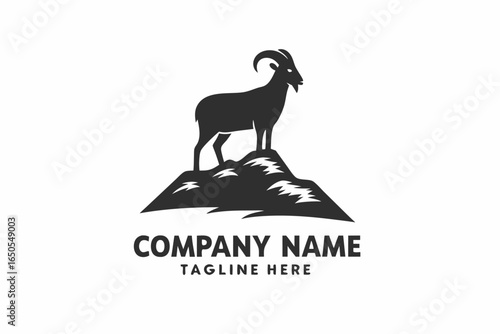 Standing Goat on Peak Vector, Rocky Hilltop Logo, Mountain Wildlife Silhouette