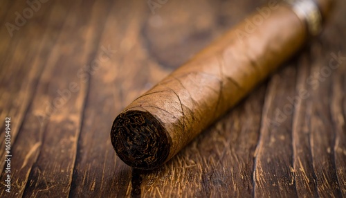 Close-up of a cigar resting on a wooden surface.