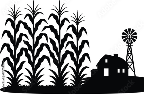 Farmhouse with windmill and cornfield