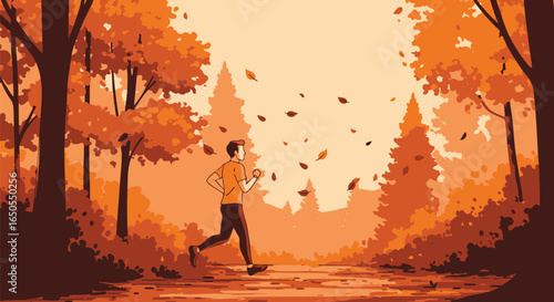 A vibrant illustration of a man jogging on a scenic forest trail during a beautiful autumn day with golden falling leaves