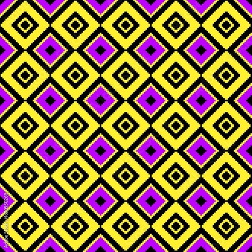 Vibrant geometric diamond pattern in yellow, purple and black for striking backgrounds and eye-catching designs