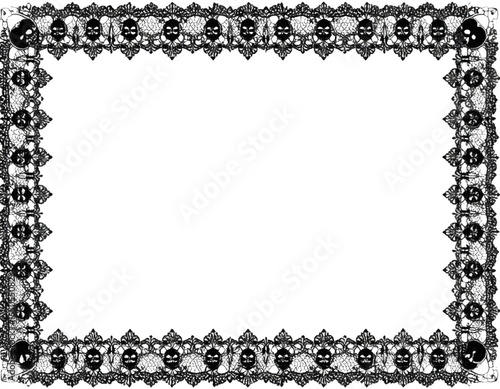 Gothic Halloween frame border with intricate black lace and skull patterns on a transparent background.