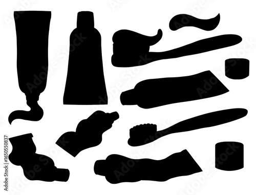 Vector set of black silhouette of toothbrush, tubes, tooth powder and toothpaste with hatching. Collection of clip arts of mouth hygiene items for articles, banners and stickers