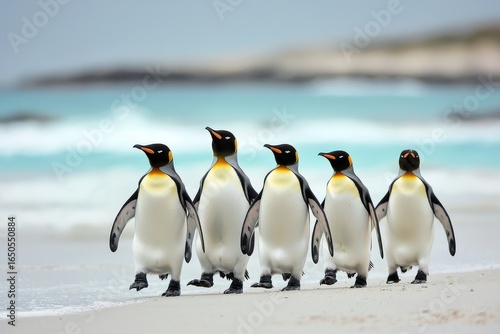 Seven penguins walking on white sandy beach with blue sea in the background, wildlife scene of tropical coastline, natural behavior of birds