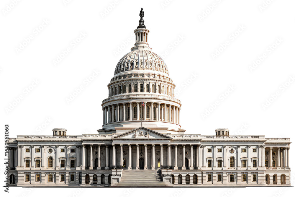 Fototapeta premium Front facade of a large, light beige capitol building. Domed top, many columns, steps leading up