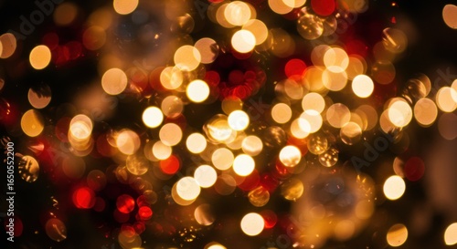 Blurred Christmas lights bokeh backdrop with warm glow and festive red and gold tones holiday decoration background festive ambiance and celebration atmosphere at night