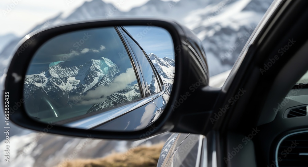 Naklejka premium Car rearview mirror reflects snowy mountains