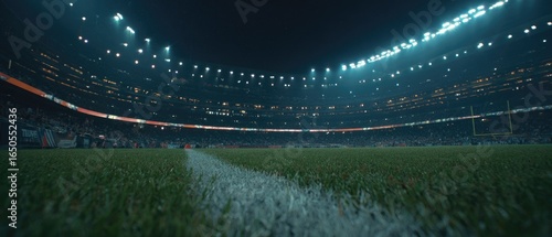 Night football stadium, illuminated by spotlights