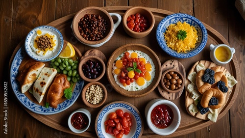 Wallpaper Mural Overhead view of a traditional middle eastern breakfast spread with various dips and breads Torontodigital.ca